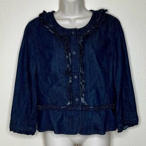 Ann Taylor Loft Blue Denim Ruffle Jacket Peplum Cotton Lined Button Up Women 10